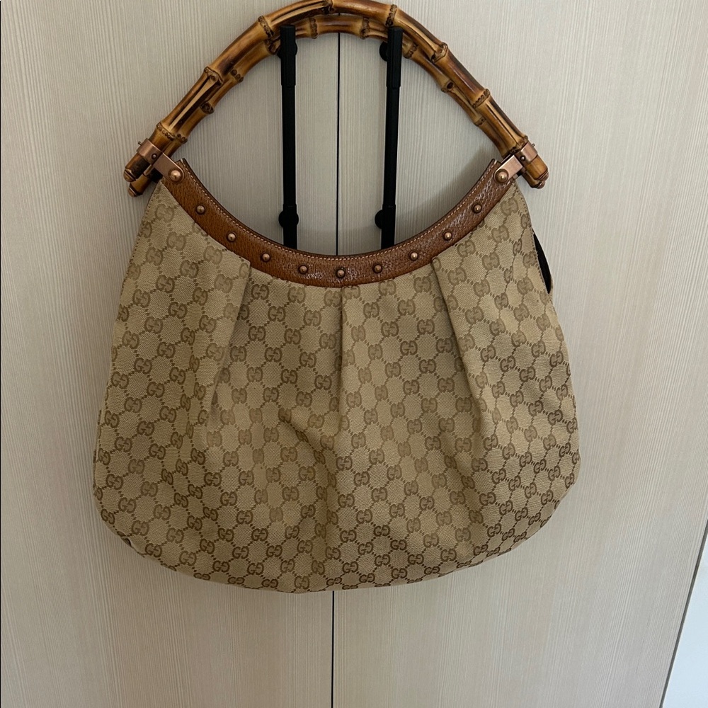 Gucci Beige Monogram Hobo with Bamboo Handle